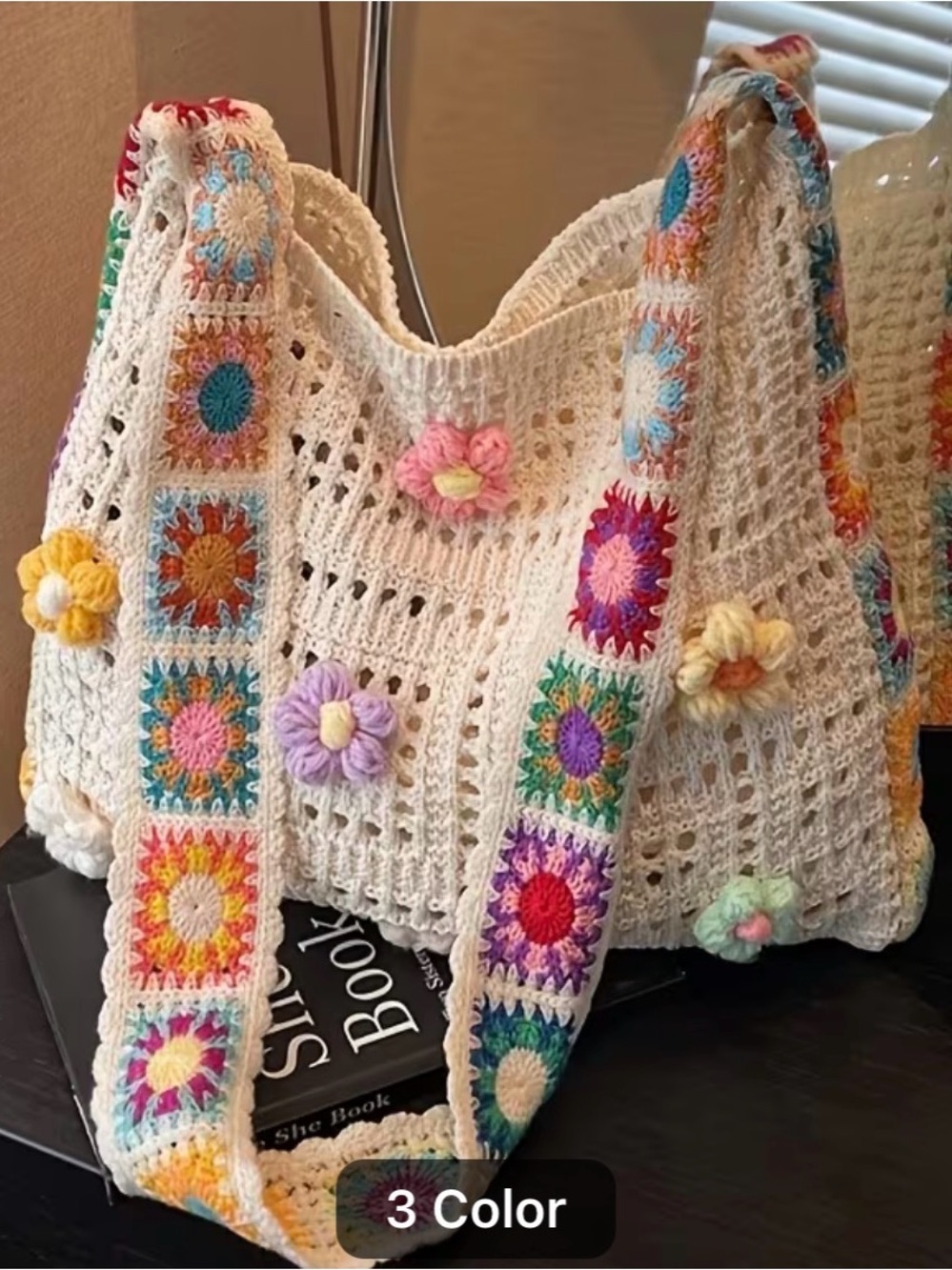 Handmade Crochet Cream Tote Bag with Multicolor Floral Accents